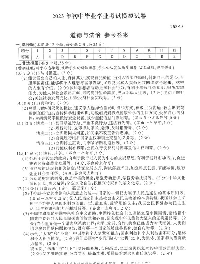 2023年初中毕业学业考试第二次模拟试卷（附答案）